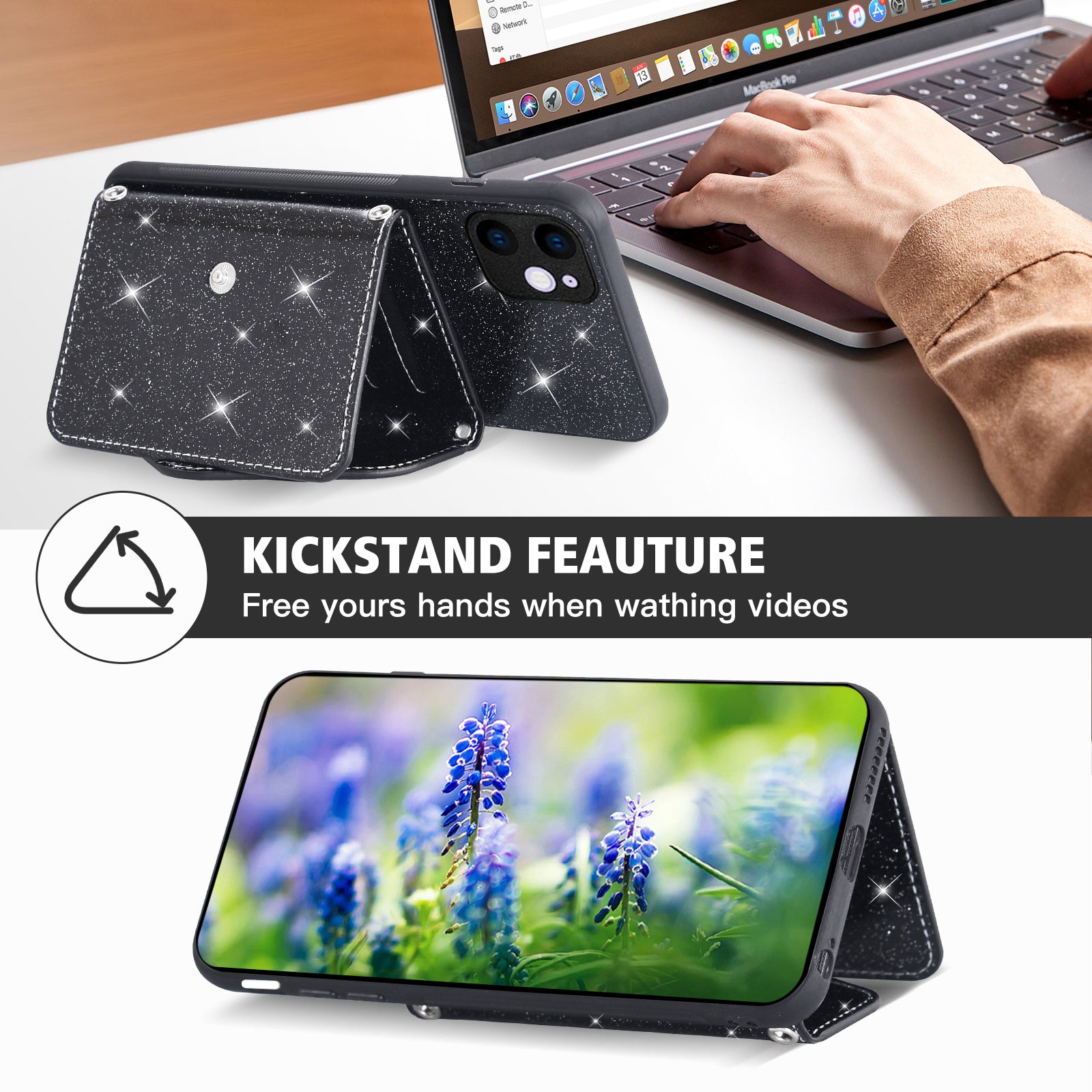 For iPhone 11 6.1 inch PU Leather TPU Glittery Powder Phone Cover Triangle Card Holder Kickstand Phone Case For iPhone 11 6.1 inch PU Leather TPU Glittery Powder Phone Cover Triangle Card Holder Kickstand Phone Case